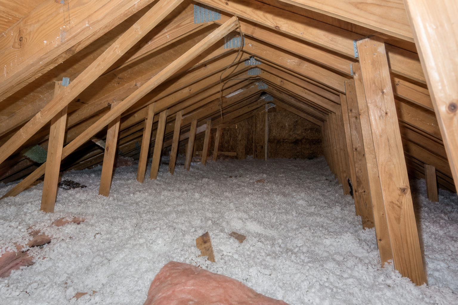 Attic interior photographed during a wind mitigation inspection