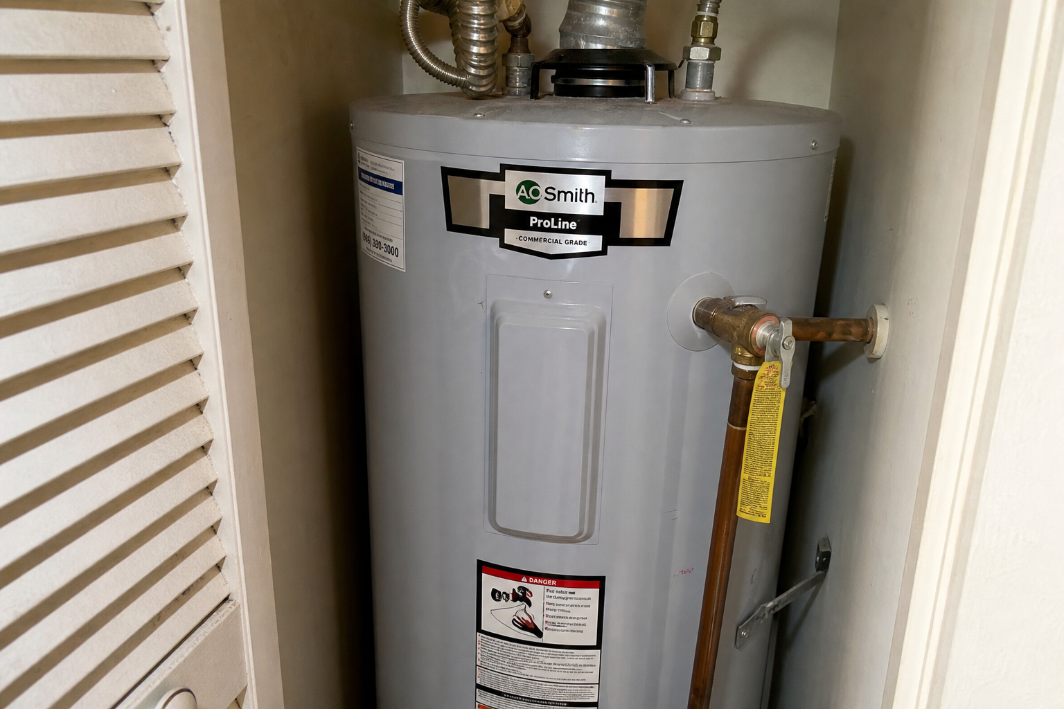 Residential water heater photographed during a Four Point plumbing inspection